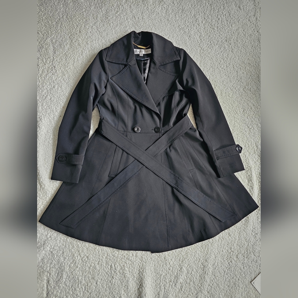 Trina Turk Size 0 Fit & Flare  Coat Black Trench Jacket Made Of Polyester